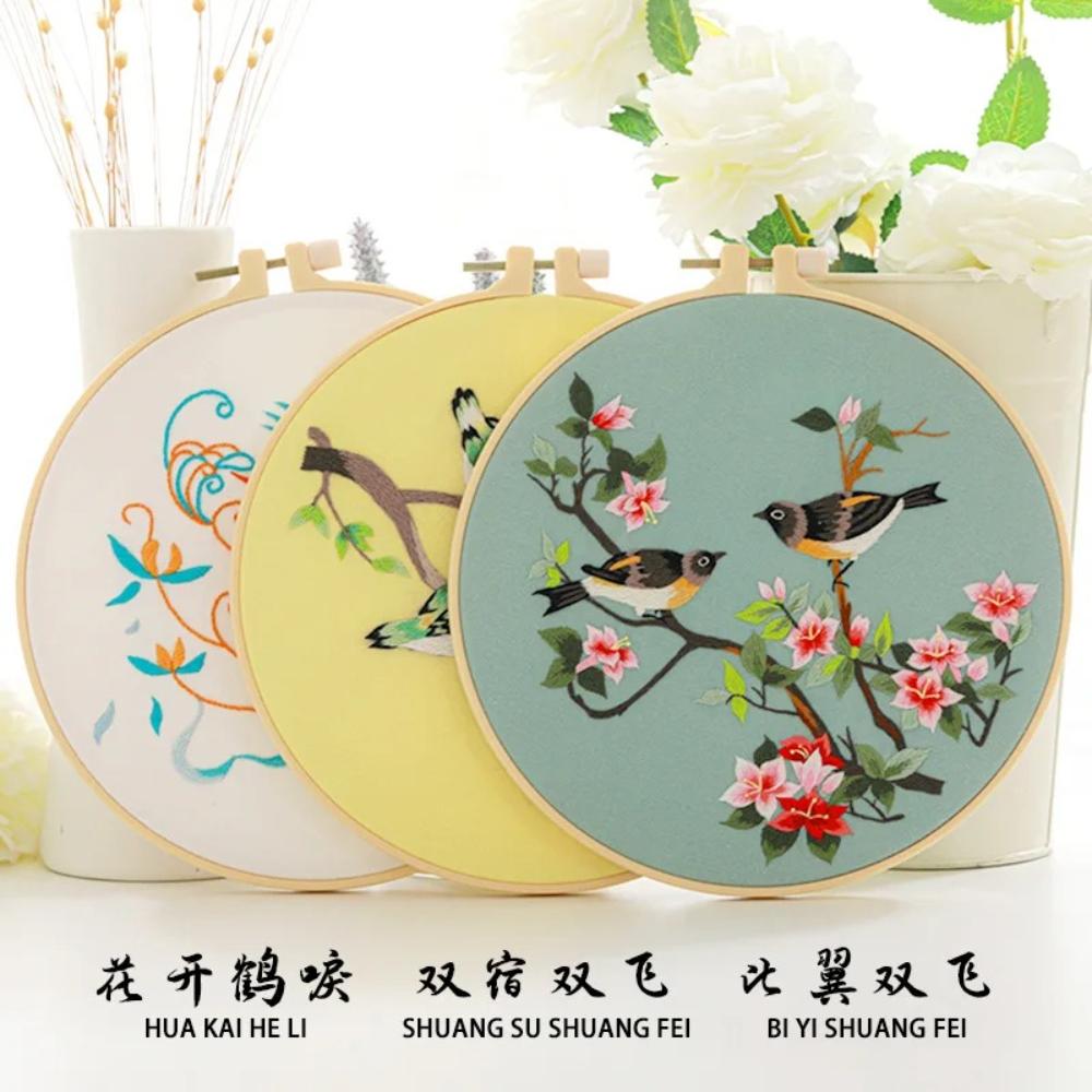 Chinesischer Stil Blumen Vögel Handbestickung Materialpaket Kreuzstich Druckstoff Rahmen Fäden Stickrahmen 20cm
