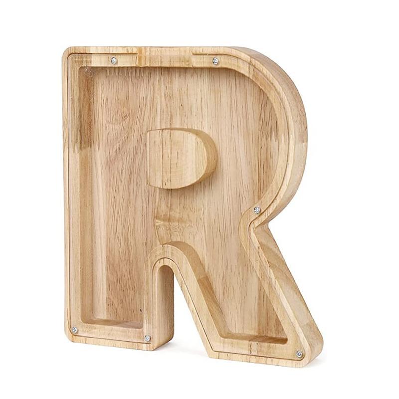 18cm Twenty-six Letter Piggy Bank Wooden Coin Money Saving Box Jar Coins Storage Box Desktop Ornament Home Decor Craft Xmas Gift