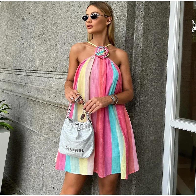 Цветное полосатое платье-халтер для женщин с 3D-цветком — фото 4