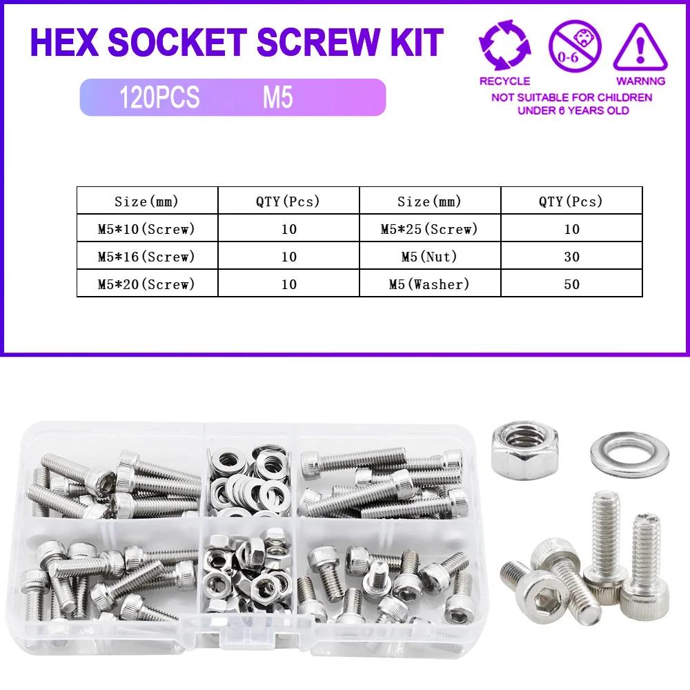 304 Stainless Steel Hex Socket Screw Bolt Nut Washer Set M2 M3 M4 M5 M6 Metric Thread Metal Machine Screws Gasket Assortment Kit