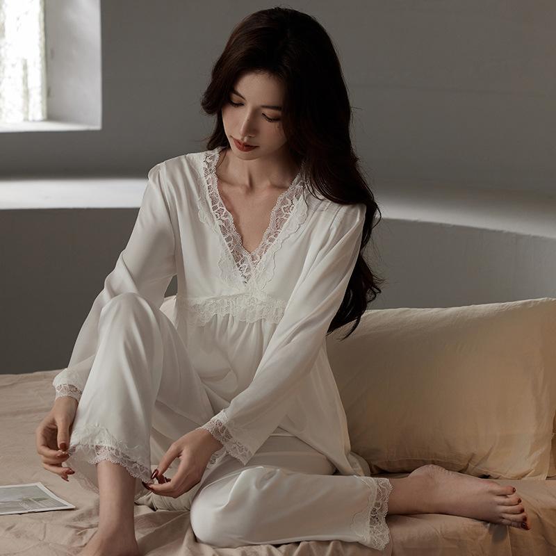 Женский шелковый пижамный комплект Ice Silk Весна Осень Лонгслив и Брюки Элегантный Легкий Летний Домашний Костюм M