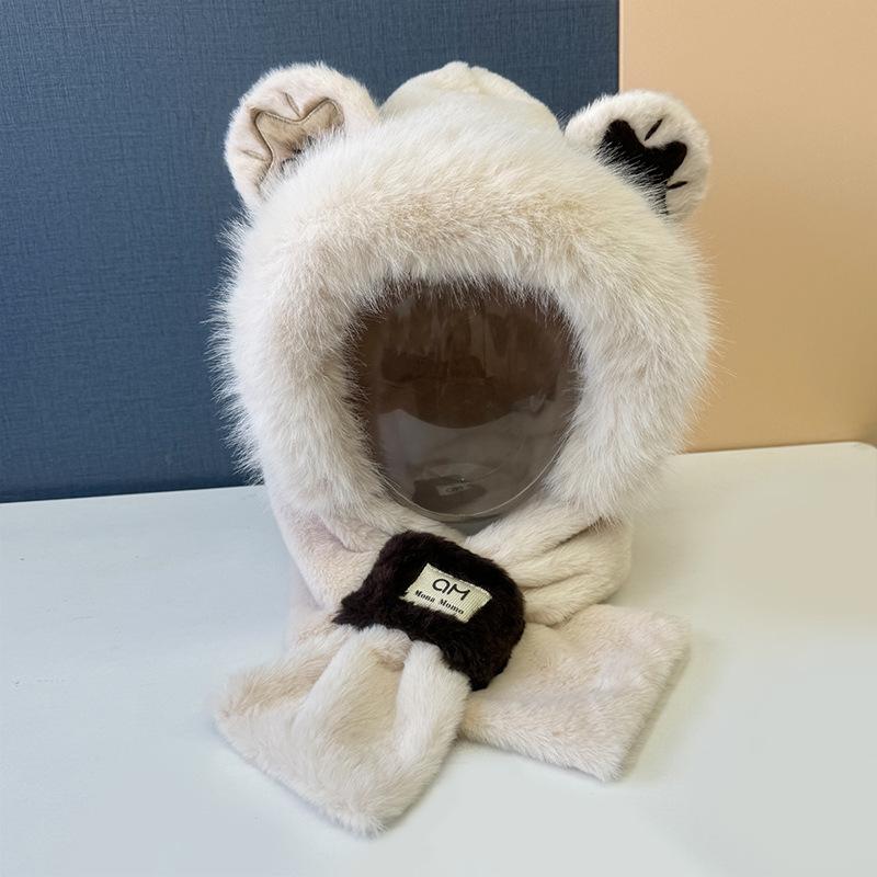 Embroidered bear hat scarf integrated schoolgirl cute warm winter plush scarf cover ear protection