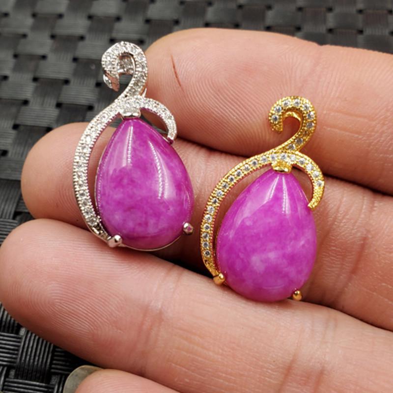 Pink Jade Water Drop Pendant with Peach Blossom and Sugilite Necklace Silver approx. 15x25mm