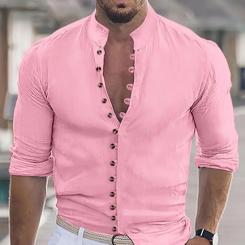 Herrenhemden mit mehreren Knöpfen, Baumwoll-Leinen, Hawaii-Strandhemd, lange Ärmel, Stehkragen, leichtes, atmungsaktives Herrenhemd