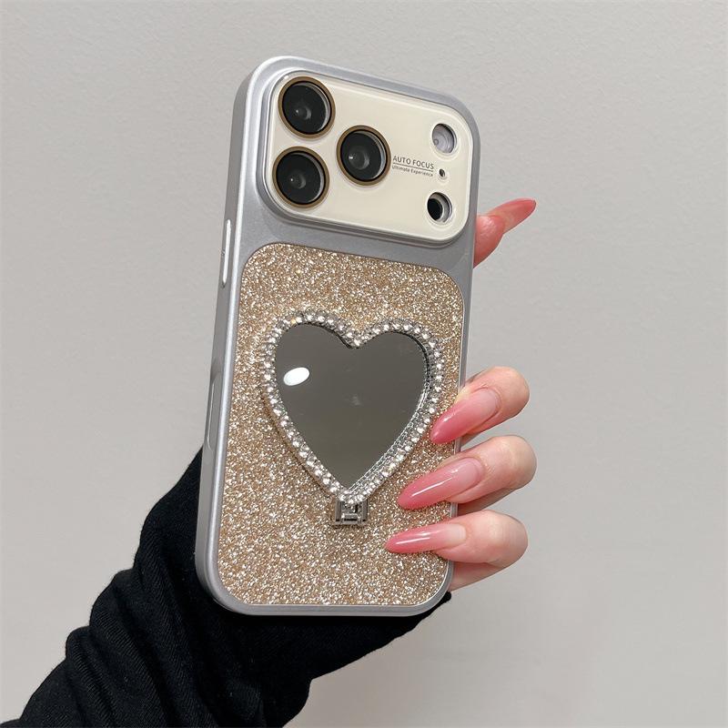 Glitter Heart Mirror Stand Case for iPhone 13/14/15/16/17 Pro Max