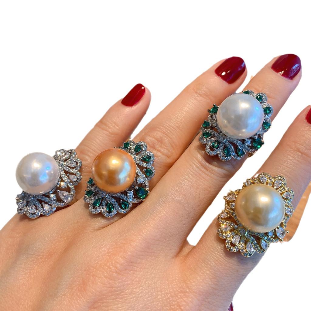 Zirkon Beyaz Elmas Fritilarya İnci Yüzük Kadın Ziyafet İnci Takı Ayarlanabilir Yüzük Yüksek Moda