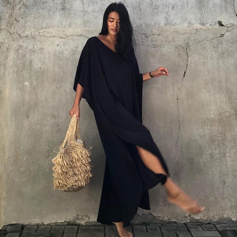 European & American Cotton Long Robe Beach Cover-Up: Solid Color Swimwear Sun Protection Dress