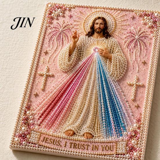 3D Pearl Texture Art Mary Painting Kit, Divine Mercy Jesus Holy Religious Beginner Kit Faux DIY Craft Set for Adults Beginners Christian Wall Decor