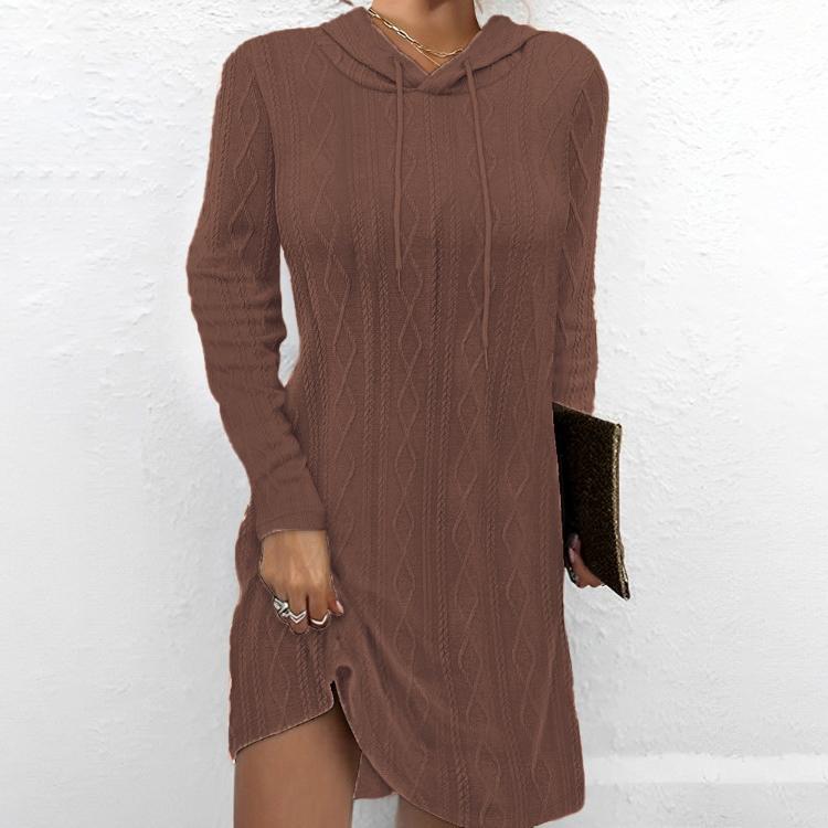

Осеннее однотонное трикотажное платье с длинными рукавами и капюшоном XXL коричневый