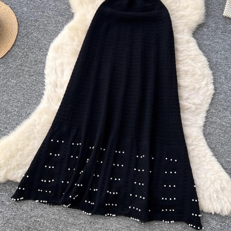 Spring Summer Women Casual Short Sleeve Beading Hollow Out Knitted Sweater Long Maxi Dresses