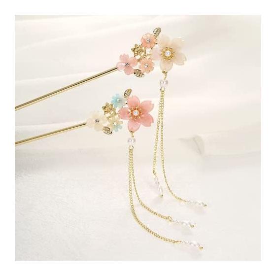 Cherry Blossom Flower Pearl Hair Pin Clip for Bangs, Hair Accessories for Japanese Kimono Yukata, Alloy with Cubic Zirconia Chain