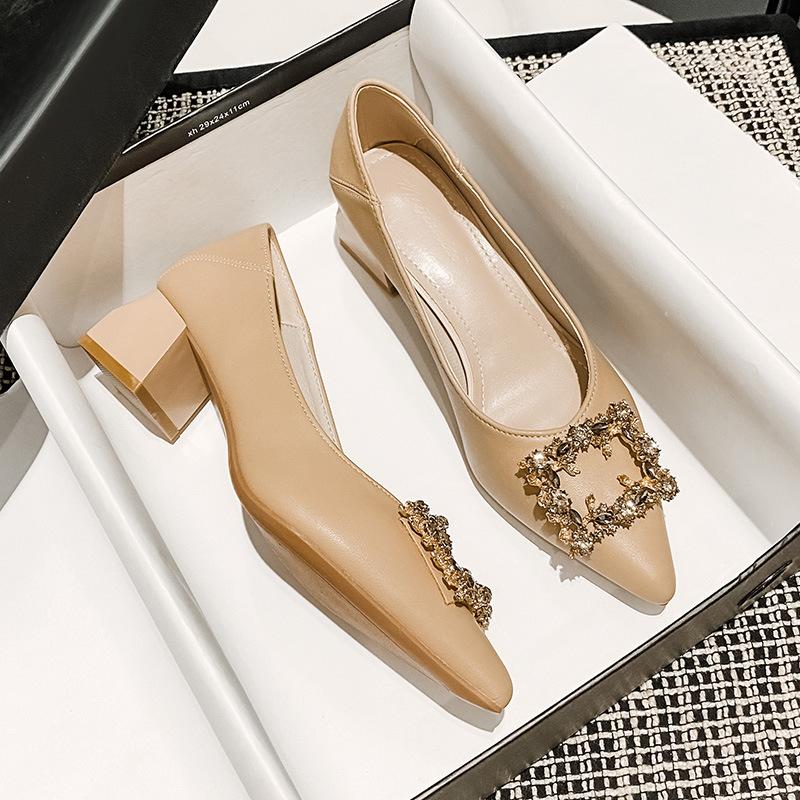 Pointed Single Shoes Women's Summer Models, Shallow Mouth Thick Heels, Fairy Gentle Temperament, Celebrity Soft Leather Large Size