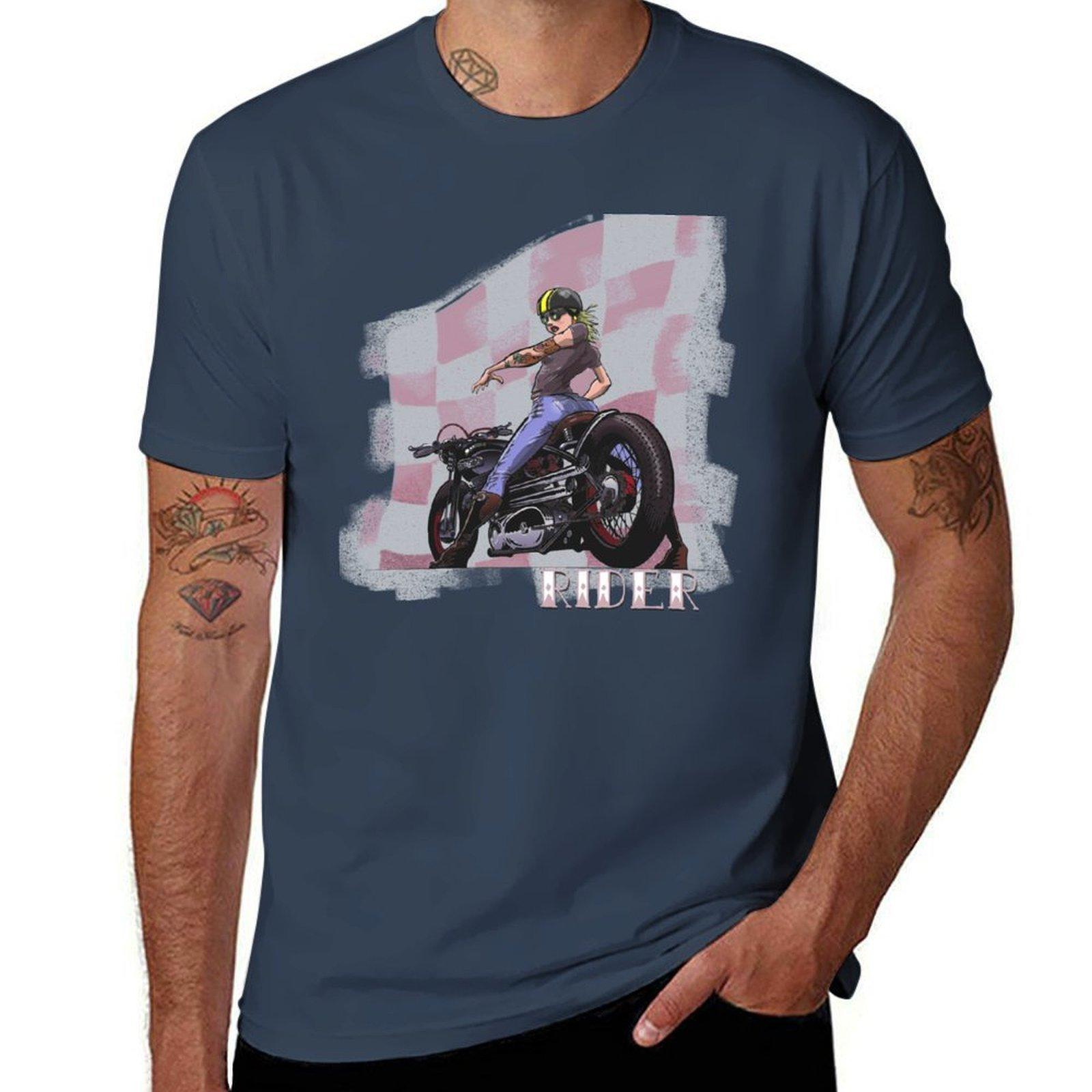 Riderlady And Her Motorcycle Tshirt Trendy Print Short Sleeve Tshirt S