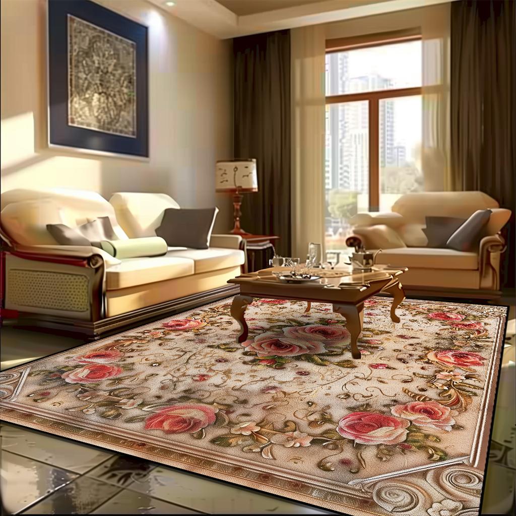 European Carpet Living Room Pastoral Flower Home Carpet Modern Light Luxury Style Bedroom Rug Non-slip Lounge Floor Mat Washable