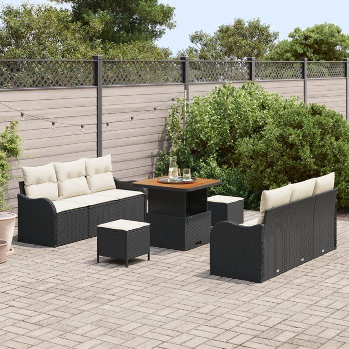 Ensemble de Canapés de Jardin 9 pièces vidaXL avec coussins Noir Rattan Synthétique Acacia, Canapé de Jardin 2 places vidaXL 3362215