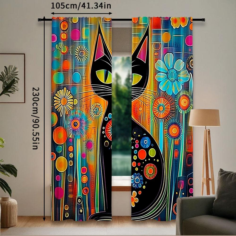 Set Of 2 Rustic Black Cat Curtain Vintage Watercolor Design Suitable Living Room Bedroom Many Other Occasions Polyester Perfect For Area