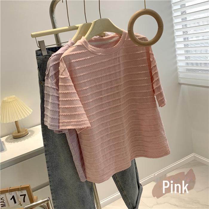 Chic Lace Round Neck Short-Sleeve Women's T-Shirt - 2025 Summer Collection, Loose Fit