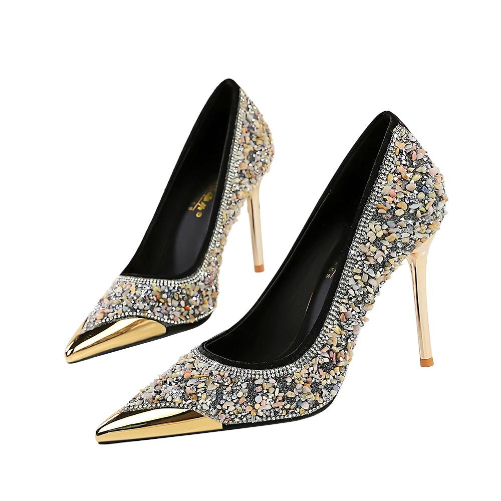 9.5CM Style Fine Heel Rhinestone High Heels Metal Pointed Women's Shoes Shallow Mouth One Pedal Crystal Single Shoes Women