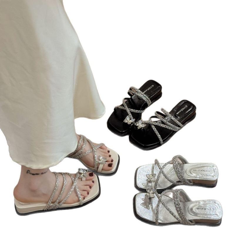 Wedge Heel Beautiful Set of Toe Cool Slippers Women's Summer Wear New with Skirt Rhinestone Beach Flip-flops Sandals