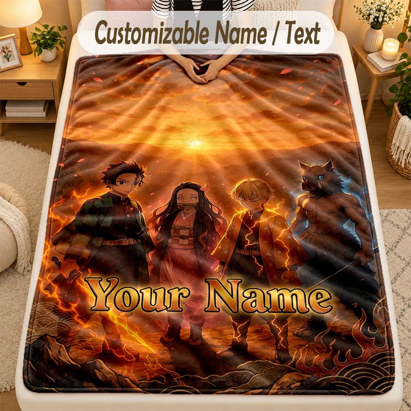 Flannel BlanketDemon Slayer Custom Name Text Personalized Soft Warm Throw Blanket Home Decor Gift
