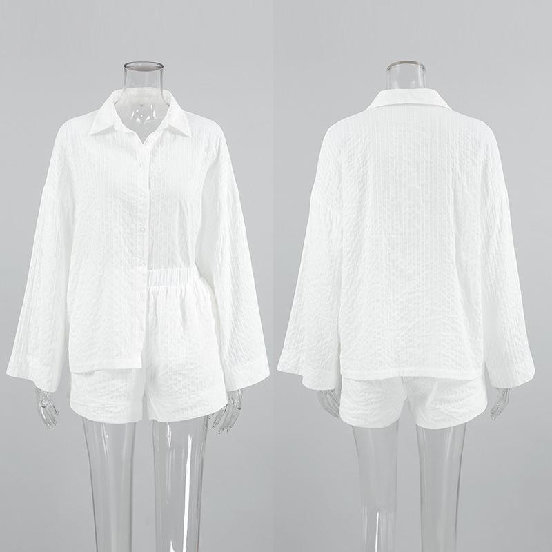 White Cotton Women's Clothes Casual Short Pants Set 2025 Summer New Women Jacquard Fashion Loose Long Sleeve Shirt & Shorts Set