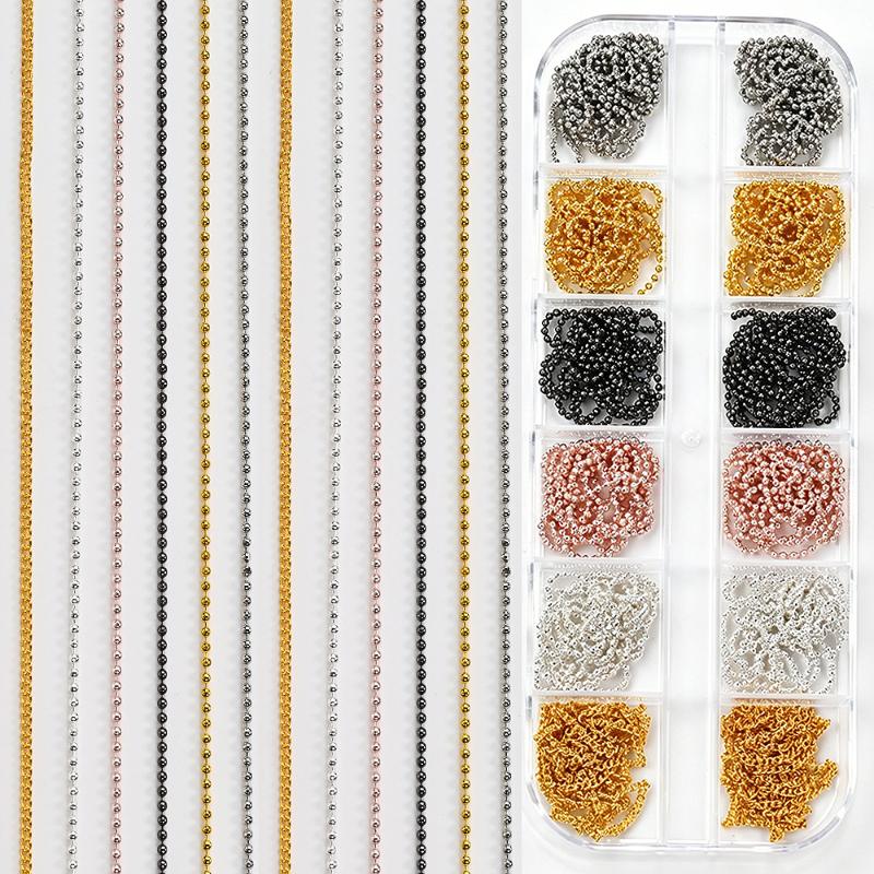 Gold Silver Metal Nail Art Chains 1 Box 12 Grids Bead Studs Decor for DIY Manicure Nail Art Creation