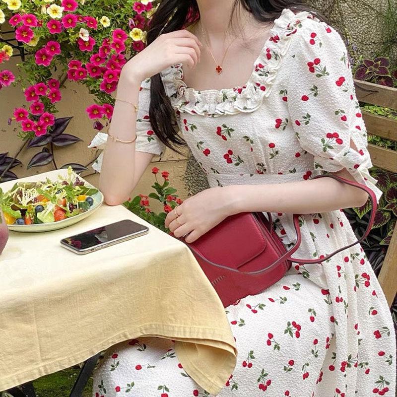 Buy Vintage Elegant Dresses Women Square Collar Floral One Piece Dress Korean Bow Design Casual Party Midi Dress Females 21 Summer At Affordable Prices Free Shipping Real Reviews With Photos Joom