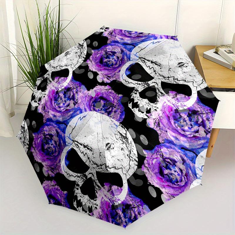 Skull & Rose Patterned Round DecalUmbrella, Portable 3-Fold Umbrella for Men & Women,Christmas Gift ES291