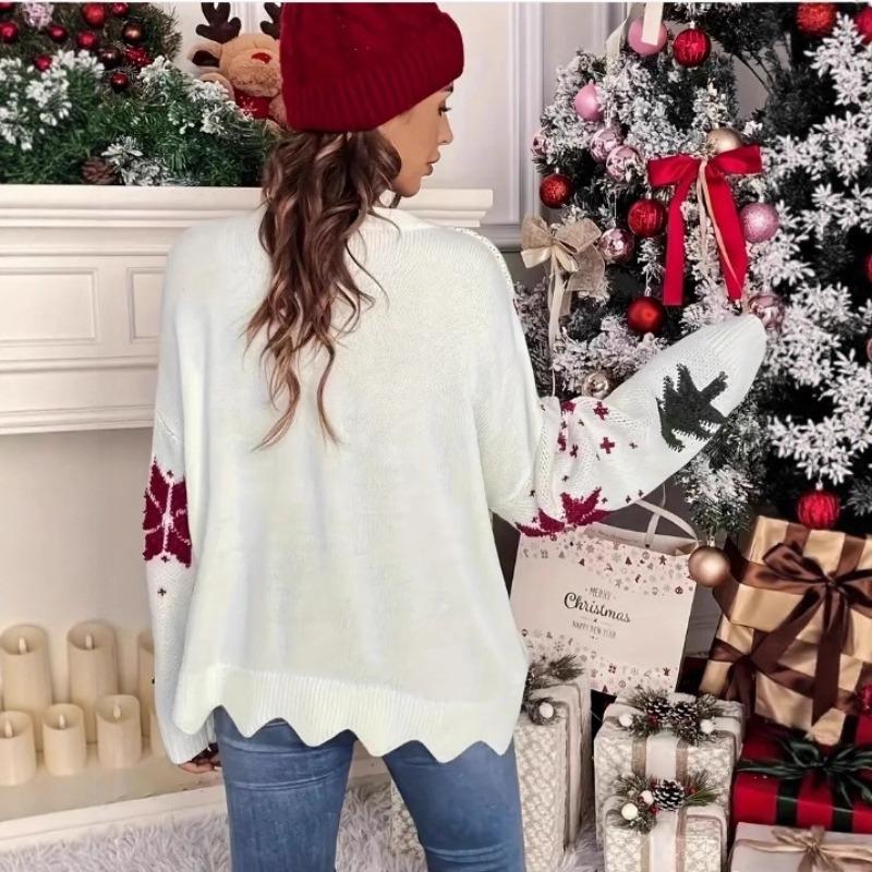 Women's Winter New Snowflake Christmas Tree Print Loose Casual Round Neck Knitted Sweater for Women