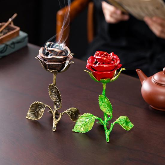 Vintage Rose Incense Burner, Metal Flower Holder, Decorative Tabletop Ornament Bedroom Living Room Office, A Thoughtful Gift for Meditation
