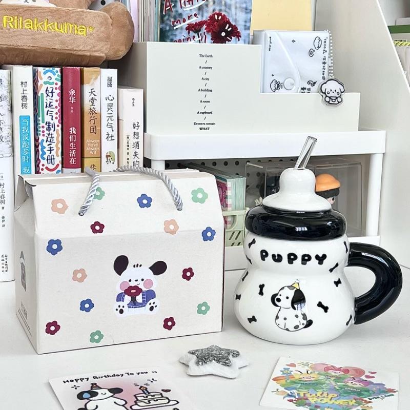 Cute spotted puppy straw cup high value ceramic mug cartoon children's water cup milk cup birthday gift