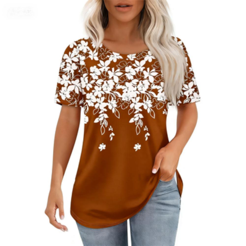 Round Neck Short-sleeved Black and White Floral Print T-shirt Women's Clothing Casual Daily Wear
