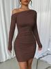 2025 European and American Fashion and Sexy Pleated Slim-fitting Long-sleeved Hip-wrapped Diagonal Neck Solid Color Dress Women's Clothing