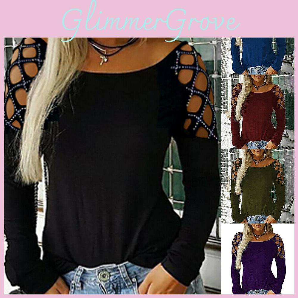 Plain Long Sleeve T Shirt With Embellished Rhinestones For Women Fashion