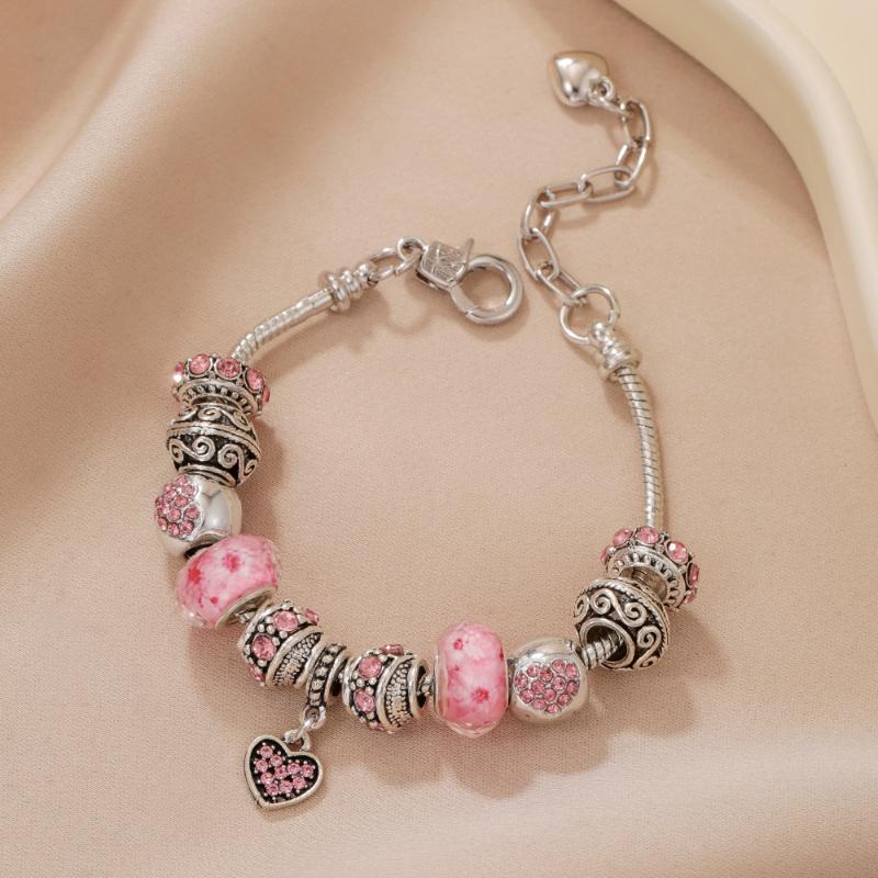 Y2K Ins Silver Plated Charm Bracelet Diy Large Hole Beads Rhinestone Heart Pendant Adjustable Chain Jewelry For Women Gift