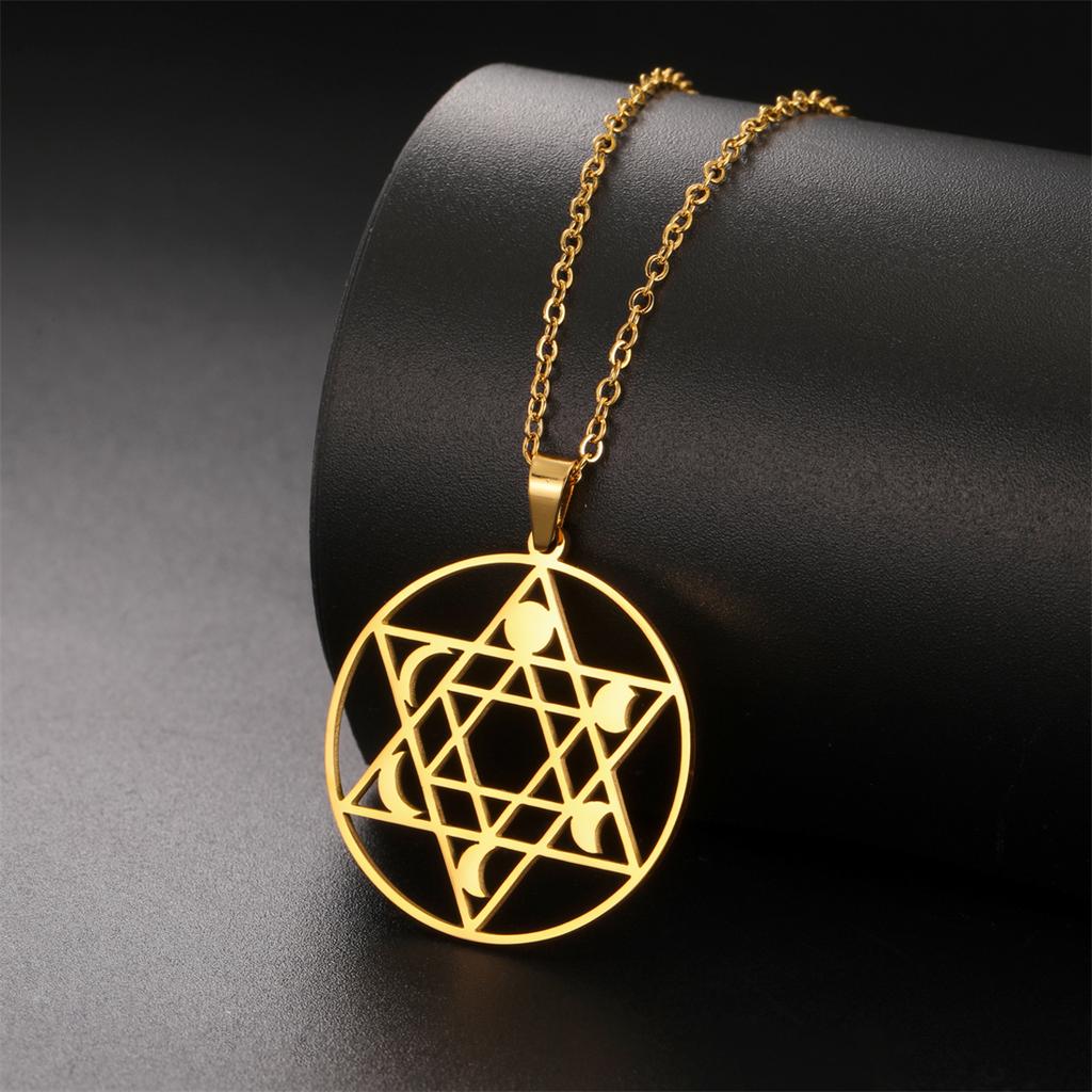 Judaism Hexagonal Star Necklaces Stainless Steel Sacred Moon Phase Pendant Choker Women Men Jewish Blessing Jewelry Gift