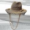 Pălărie de soare Fedora din paie, iarbă de mare, cu lanț de aur lung, pălărie Panama de vară, pălărie de plajă cu boruri largi UPF50+ Derby, pălărie de petrecere în grădină.