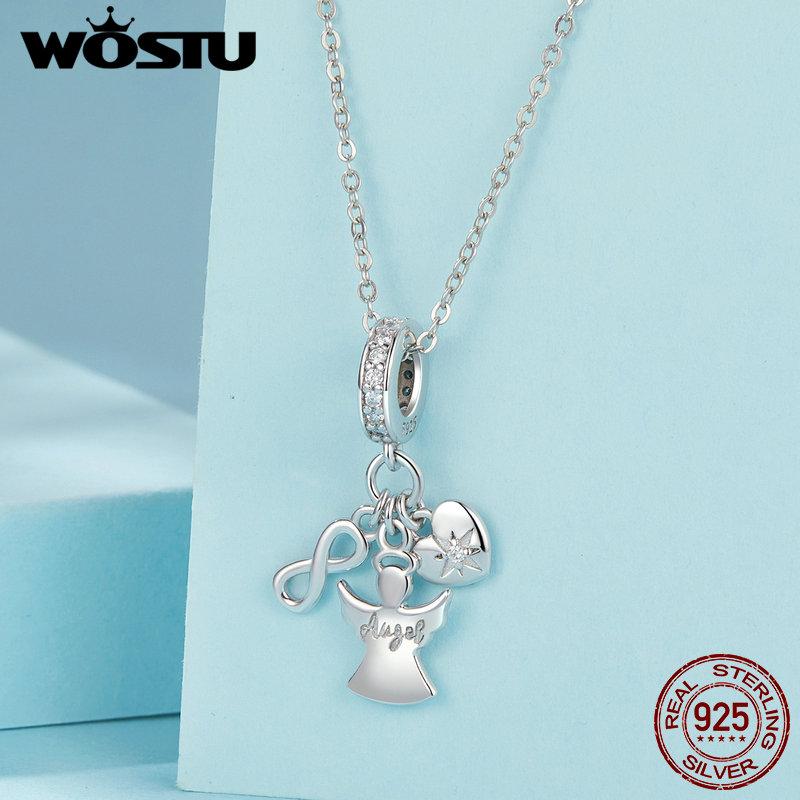 WOSTU real 925 Sterling Silver Guardian Angel Charm Flower Pendant Bow Stopper Beads Fit Bracelet Necklace Pendant Party Jewelry