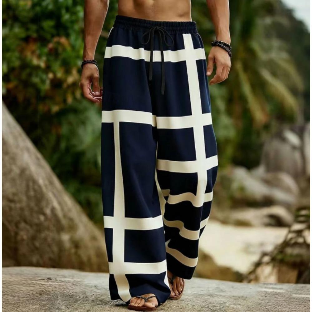 Men's 3D Geometric Pattern Printed Baggy Casual Trousers,  Elastic Drawstring Waist with Pockets, for Spring Summer Home Outdoor Vacation