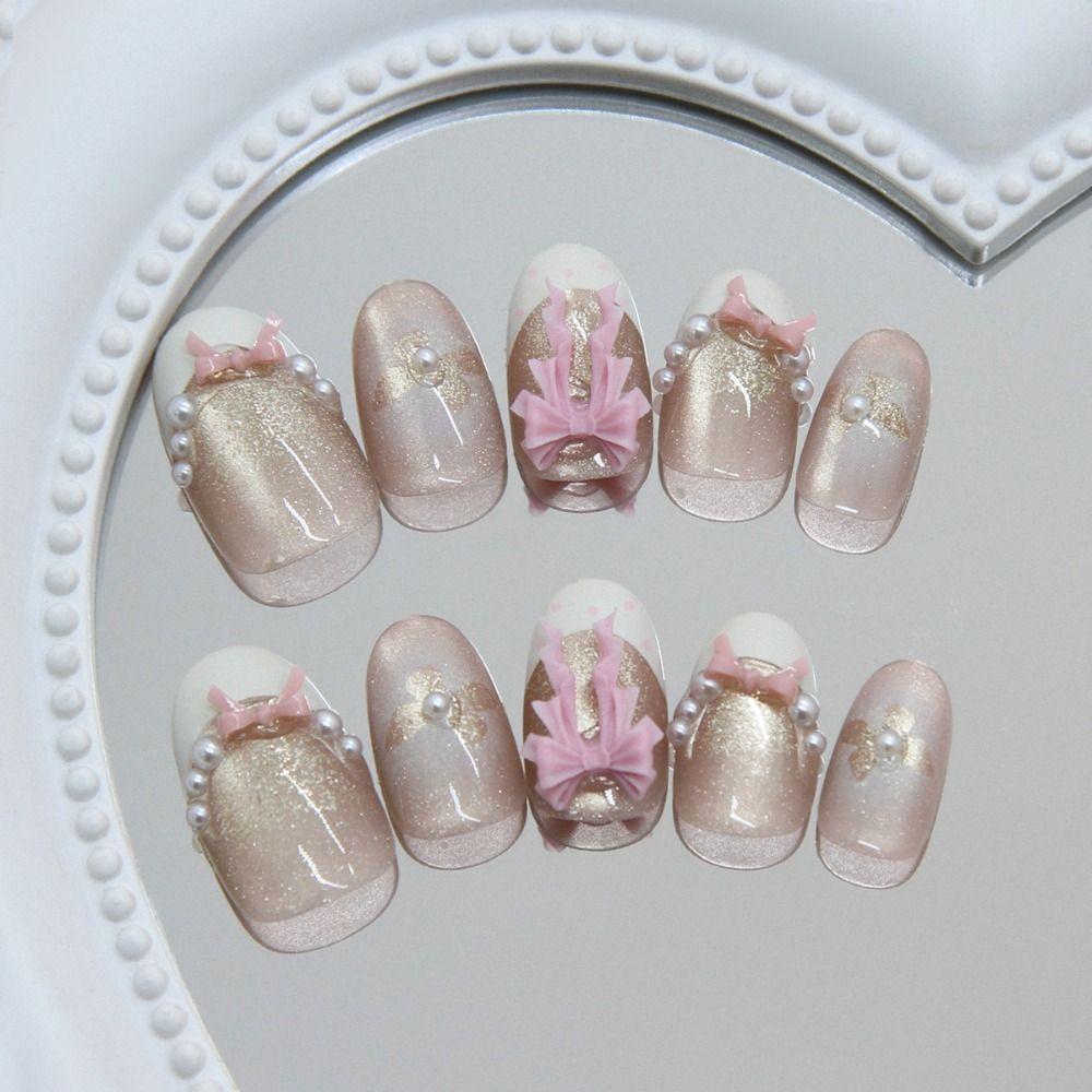Manicure Long Almond False Nails French Simple Press On Nails Detachable Sweet Pink Bow Nail Tips DIY