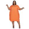 Womens Plus Size Black V Neck Ruffle Trim Midi Dress Casual Loose Fit Tunic Dress