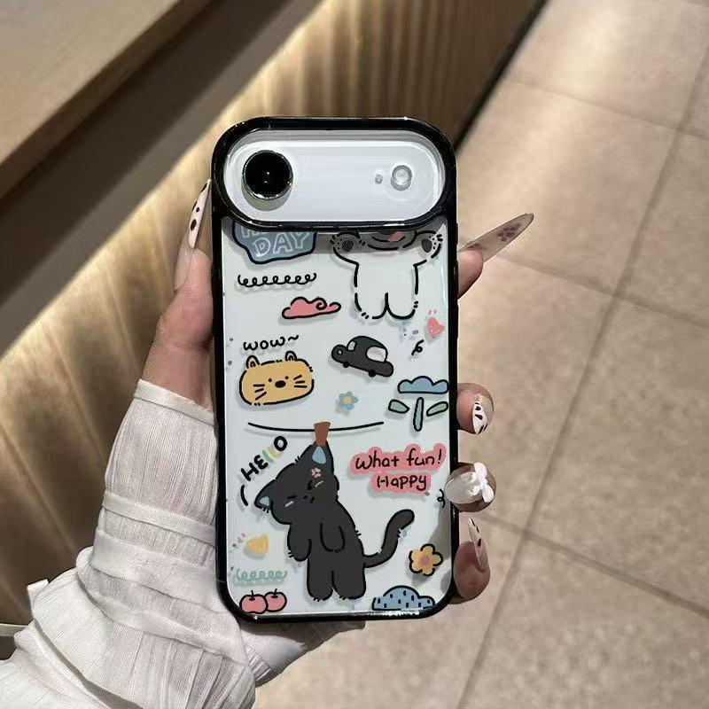 Graffiti Black Cat Apple 17ProMax Phone Case, Black Frame, Large Hole, Hard Shell, Compatible with 15, 14, 16Pro, and 13.