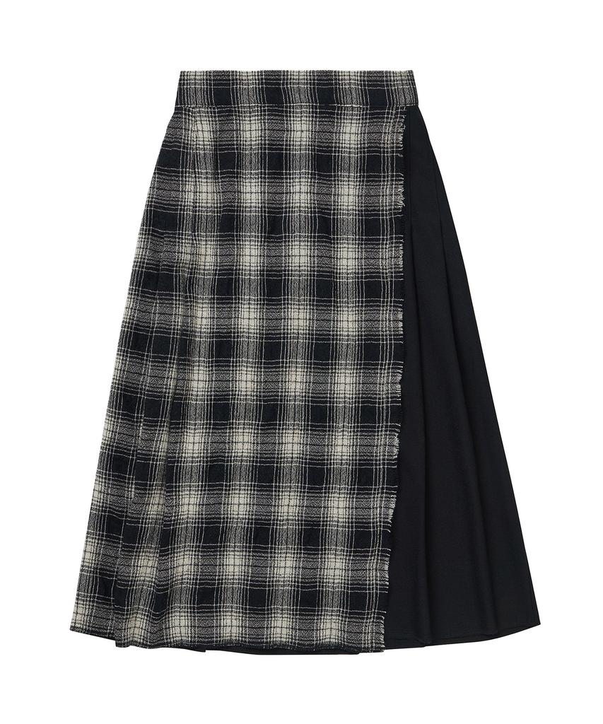 Cotton Bell Check Overlap Skirt - Black Check