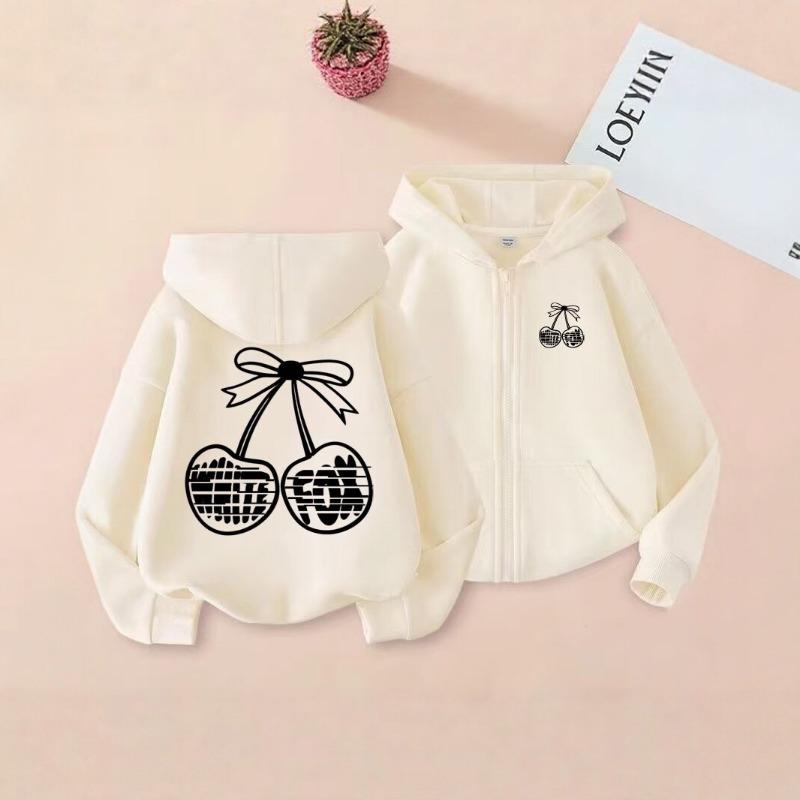 Cherry Print Zipper Hooded Women's Spring and Autumn Loose Back Large Pattern Cardigan Sweatshirt