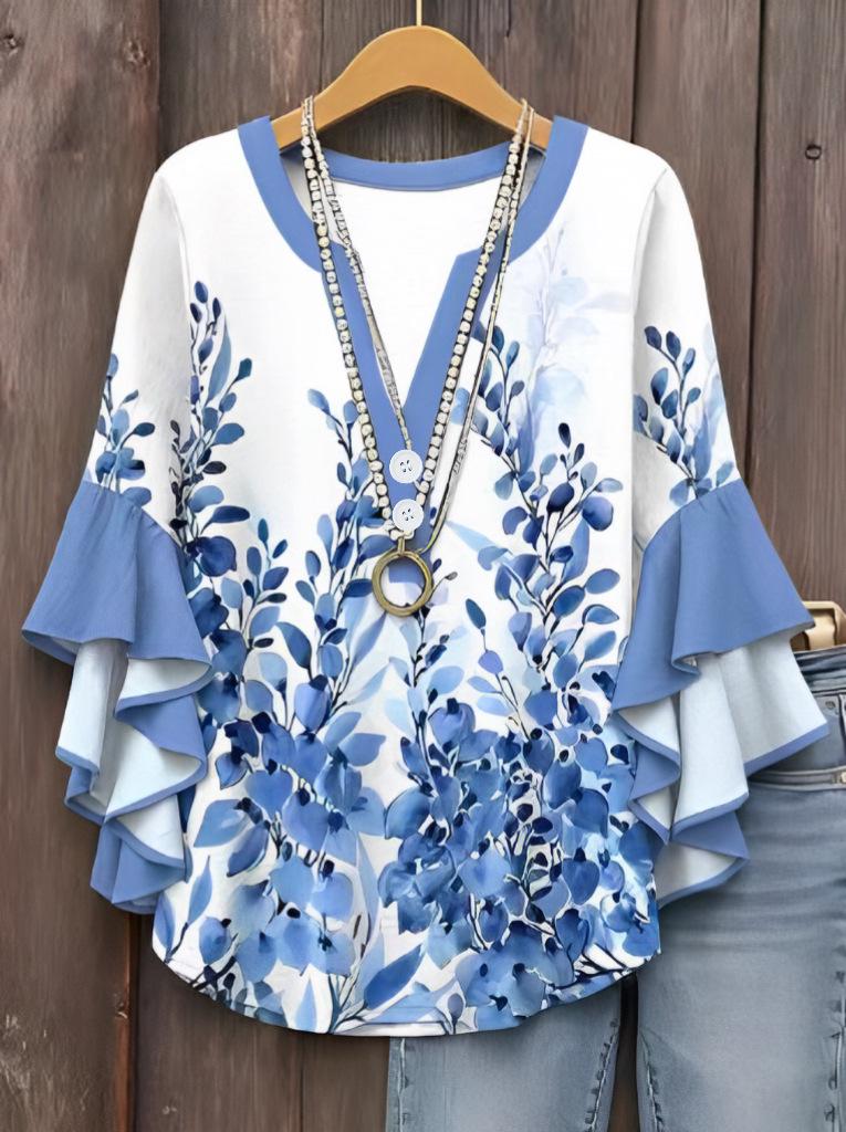 2026 European Floral Print V-neck Lace T-shirt for Women