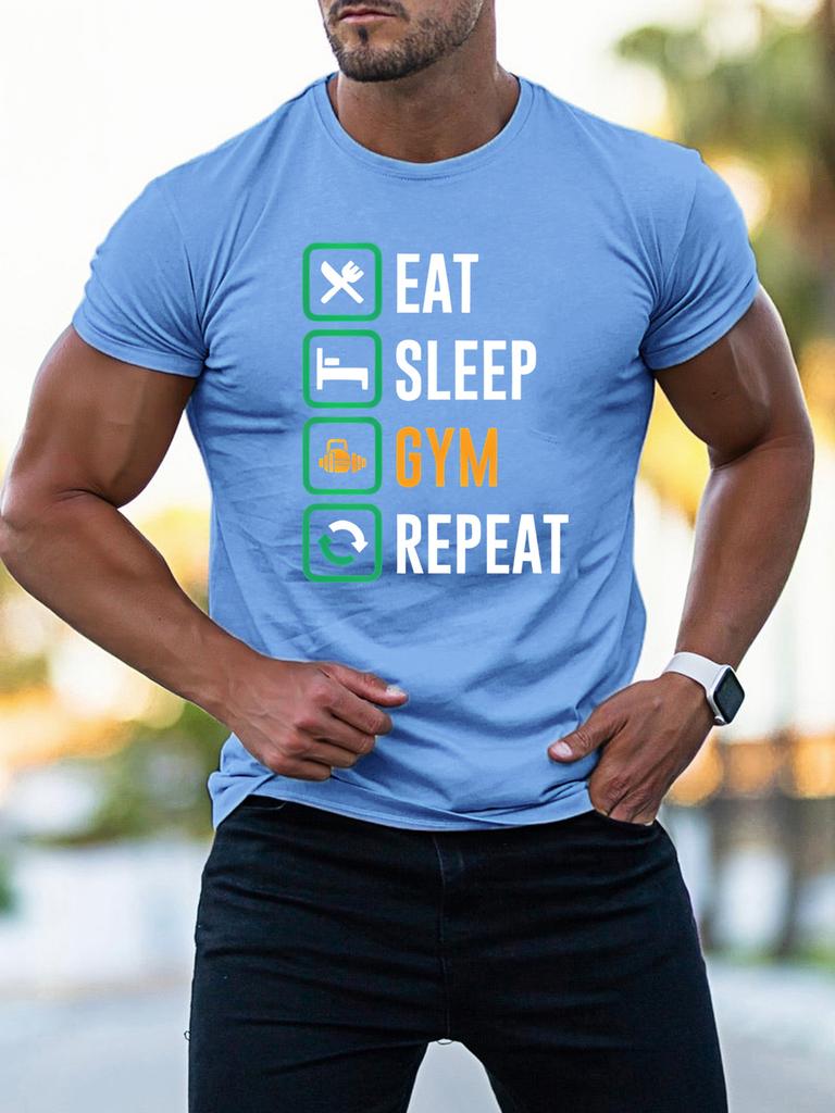 Unisex Crew Neck Tee Gym Lover Eat Sleep Gym Repeat Text Print Soft Cotton Loose Short Sleeve Summer Casual Male Streetwear Tops