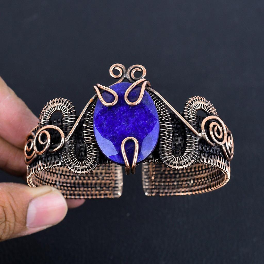 Blue Sapphire Bangle, Handmade Gemstone Bangle, 999 Copper Wire Wrapped Antique Jewelry, For Engagement Gift