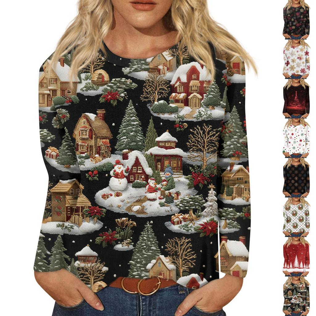 Women's Fashion Casual Long Sleeve  Print Round Neck Top