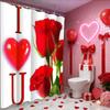 Valentine's Day Love Heart Rose Shower Curtain, Bathroom Shower Waterproof Curtain with 12 Hooks, Fish Shaped Home Decoration