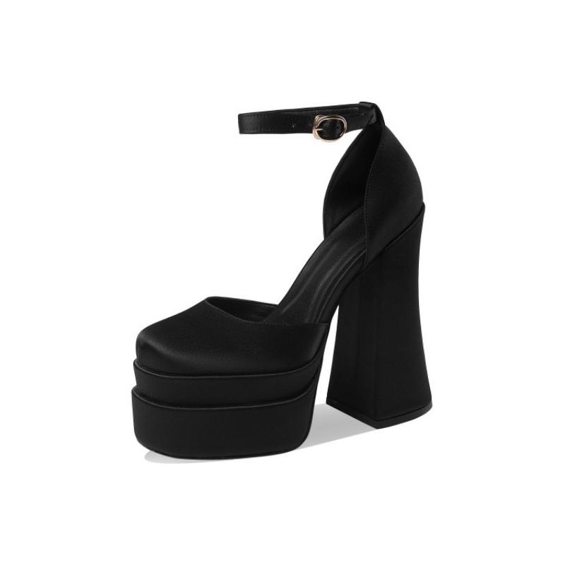 Salto Alto Preto de Salto Grosso Que Não Cansa Seus Pés, Cetim Impermeável Plataforma Retrô Mary Jane Sapatos Femininos